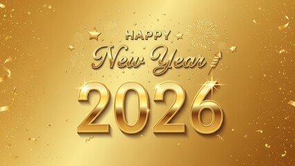 Golden happy new year 2026 celebration background with luxury 3d text effect shining bright with sparkles and confetti streamers