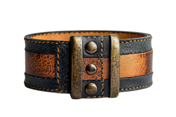 Rustic handmade bold brown black leather cuff bracelet antique metal studs on transparent background