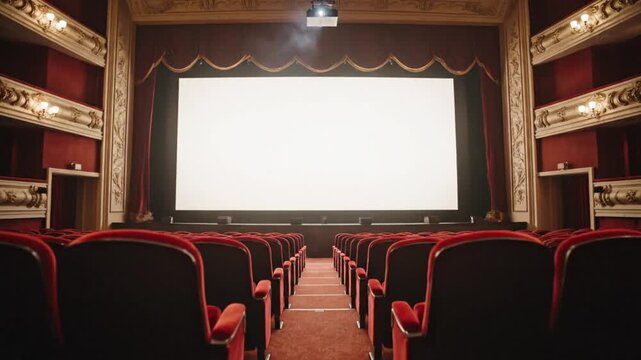An empty auditorium with red velvet seats ornate balconies a projector casting light onto a large blank screen and red drapes
