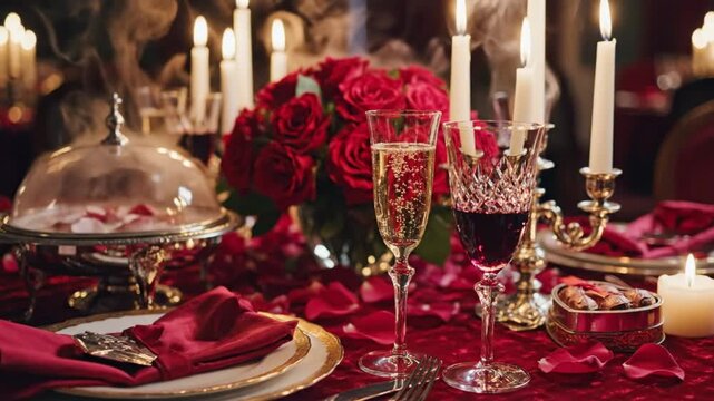 An elegantly set table features red roses lit candles with smoke two drinks and a silver chafing dish with rose petals creating a romantic atmosphere