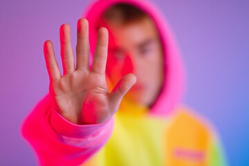 Young man in vibrant hoodie with exaggerated hand gesture blocking the camera, showcasing a playful attitude against a colorful gradient background