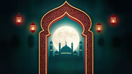 Ramadan kareem greeting card with mosque silhouette under full moon through ornate archway and hanging lanterns, islamic holiday celebration background