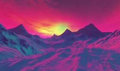 Radiant aurora borealis glowing over a snowy mountain range, with shimmering colors creating a magical celestial display.