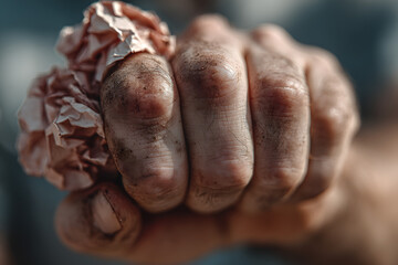 Fototapeta premium Closeup of person hands, anxiety and mental health problem, therapy and psychology with trauma. Fear, crisis and stress with depression, mistake and disaster with panic, abuse or addiction with pain