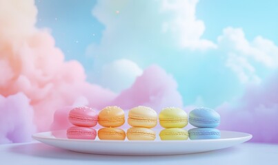 Rainbow of colorful macarons arranged on a white plate with soft pastel tones in the background, creating a whimsical dessert scene,