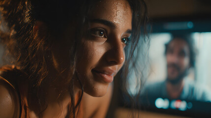 Indian girl communicate with friend on-line by video call, pc screen view over female shoulder. Mental health expert online therapy, colleagues work on common project use videoconferencing app concept