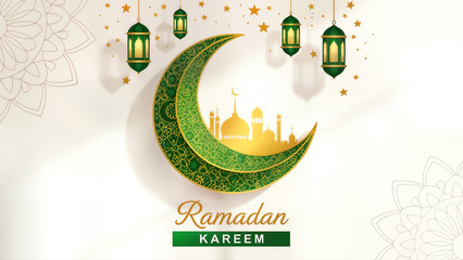 Ramadan kareem greeting card with golden mosque silhouette inside a sparkling green crescent moon and hanging lanterns on a white background