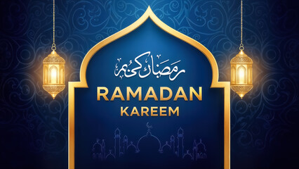 Ramadan kareem greeting card with islamic arch, hanging lanterns, and arabic calligraphy on dark blue ornate background