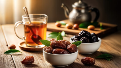 Delicious dried dates served with hot traditional tea in a glass mug and a metal teapot on a rustic wooden table, creating a warm and inviting atmosphere for a healthy snack or dessert