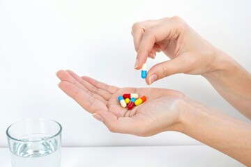 Hand Holding Multicolored Capsules with Water Glass