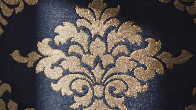 Close-Up Showing Detail of Ornate Gold Pattern on Dark Blue Fabric
