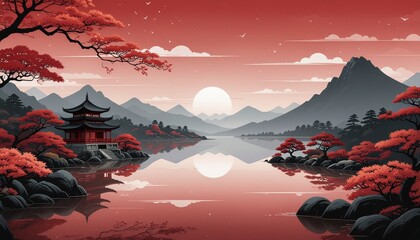 Digital illustration of a serene Japanese landscape with a temple, mountains, and red foliage reflected in a calm lake at sunset.