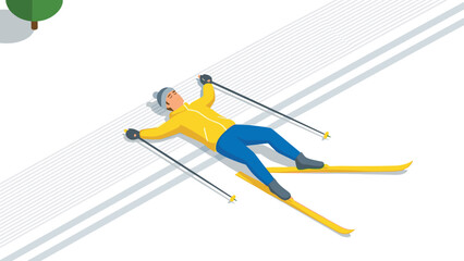Isometric winter sport enthusiast resting on snowy slope after skiing adventure