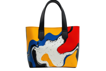 Abstract colorful tote bag modern artistic design vibrant yellow red blue on transparent background