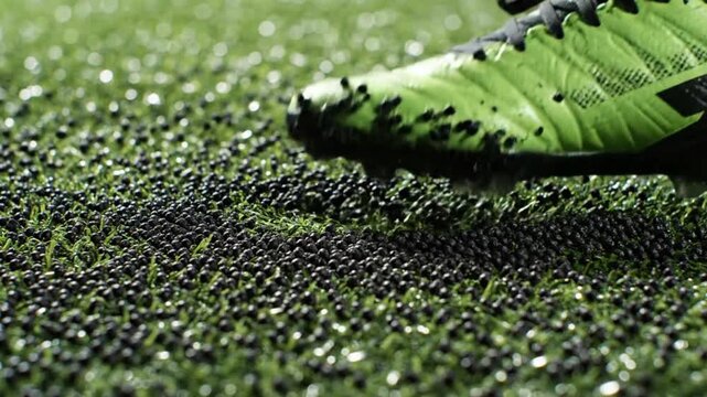 Closeup of a bright green athletic shoe on a field filled with black rubber pellets The shoes front is covered in the dark granules resting on the green fibers