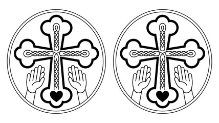 Ornate cross religious symbol featuring hands and heart in a detailed black and white circular emblem