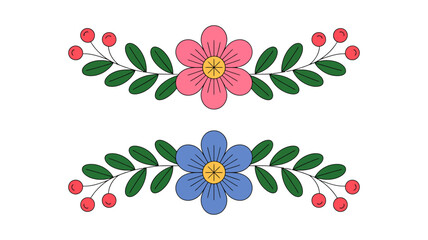 Decorative set of two hand-drawn floral borders featuring pink and blue flowers with berries