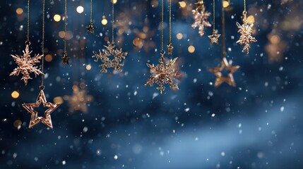 Merry Christmas and Happy New Year with Stars Lights, Falling Snow and Snowflakes for Winter Holidays