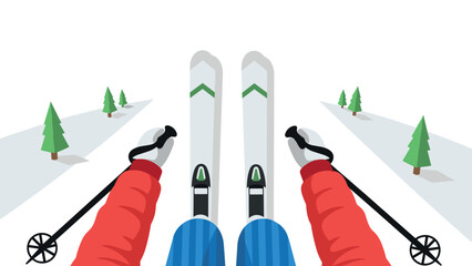 Top view skiing adventure in minimalist winter landscape