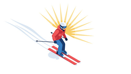 Obraz premium Isometric skier descending slope with sunburst on red skis and blue outfit