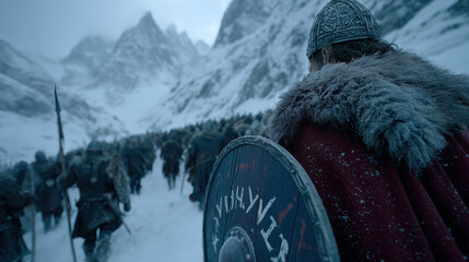 Warriors march through snowy mountains in an epic Viking journey to battle in a fantastical realm filled with history and adventure