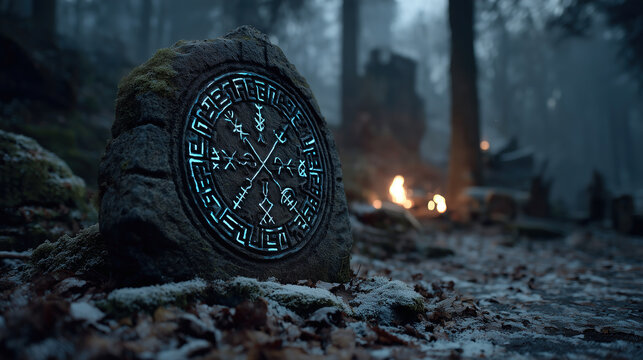 Mysterious viking rune stone surrounded by forest and mystical elements in a fantasy landscape