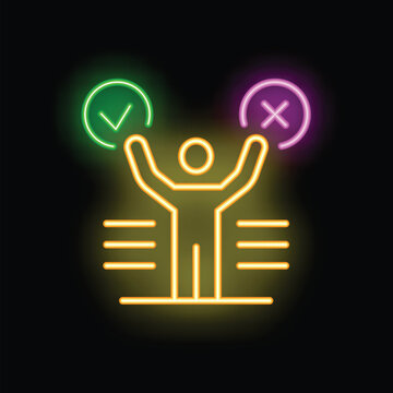 Neon sign representing a businessman making a decision, choosing between right and wrong options