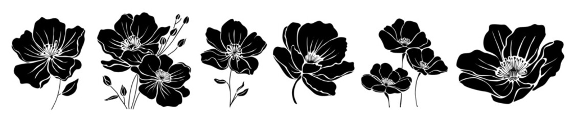 Elegant black silhouette peony flowers in a minimalist vector style, ideal for branding, packaging, textiles, and modern floral design. vector illustrations isolated on transparent background