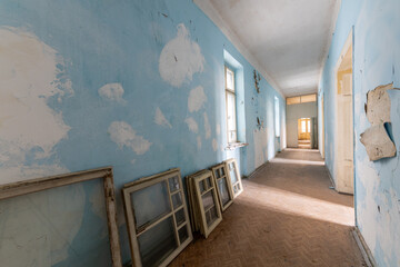 Interior of an abandoned hospital room. Creepy old room in psychiatric hospital
