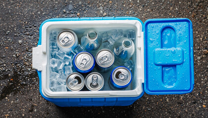 Top View of Open Blue Cooler Box with Ice and Drinks on Asphalt