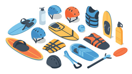 Isometric water sports gear set: helmets, boards, and safety vests