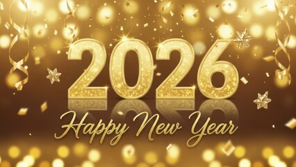 Golden 2026 happy new year text with sparkling glitter and festive bokeh background