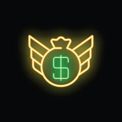 Obraz premium Glowing neon sign illustrating a money bag with wings and crown, symbolizing financial freedom and success