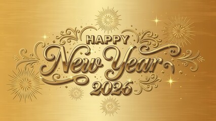 Ornamental happy new year 2026 gold greeting card with luxurious three dimensional script typography swirls and decorative elements fireworks burst background
