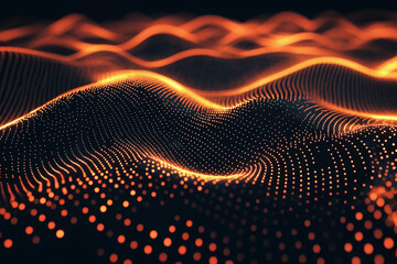 Vibrant orange-lit dots curve and flow in wave-like patterns on a dark backdrop, forming dynamic lines of luminous data streams ideal for tech, energy, or futuristic visuals