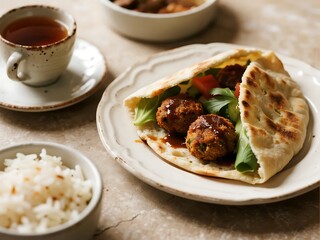 Arabic Cuisine Dishes. Falafel Deep-fried crushed chickpeas, served in a pita sandwich with vegetables and tahini sauce