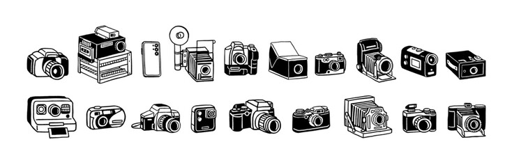 Doodle set of video and photo camera evolution. Development from old and retro photocamera to modern. Different videocamera in history. Flat isolated outline vector illustrations on white background.