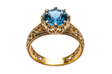 Exquisite vintage gold ring sparkling blue gemstone ornate filigree on transparent background