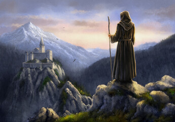 The Silent Watcher, Monk Over the Remote Mountain Monastery at Dawn