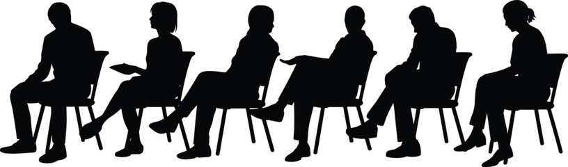 Silhouettes of Seven Seated People in Varied Postures Depicting Waiting, Social Behavior, and Body Language on White Background