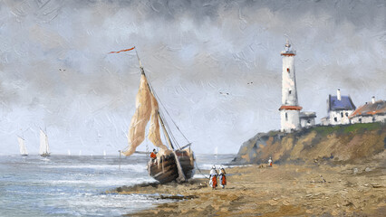 Fishing Boats on a Northern Shore, boats on the beach, paintings sea landscape