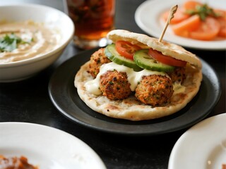 Arabic Cuisine Dishes. Falafel Deep-fried crushed chickpeas, served in a pita sandwich with vegetables and tahini sauce
