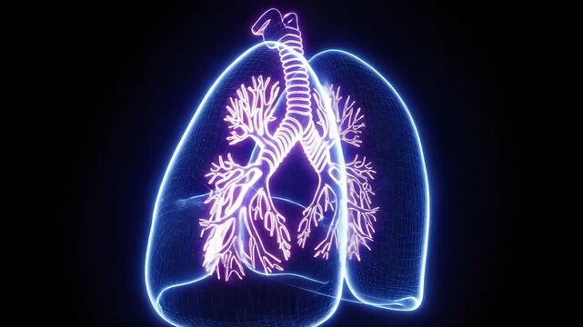 Illuminated respiratory system diagram highlighting lungs and airways in neon light