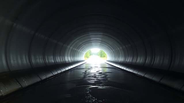 undernourishment. A concrete drainage pipe under a road, wet interior with dripping water, tunnel perspective. real-estate listings.