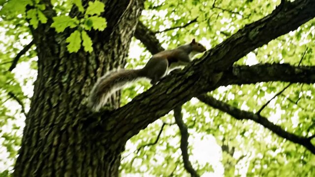 Agile squirrel climbing tree trunk among green foliage