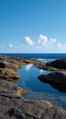 Serene Natural Rock Pool with Coral and Clear Reflections under Bright Blue Sky