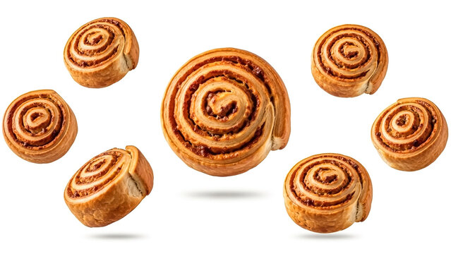 A collection of freshly baked golden brown cinnamon rolls with sweet spiral filling floating isolated on white background