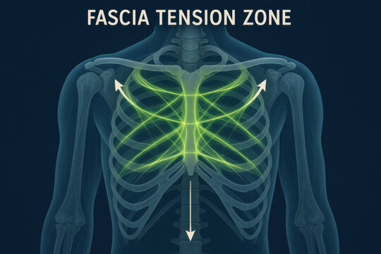 Fascia tension zone thoracic illustration showing rib cage anatomy. biomechanical medical chart of human connective tissue, highlighting fascial planes with luminous threads