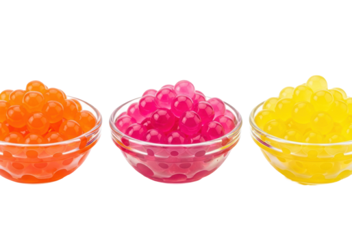 Extreme macro close-up of three bowls containing vibrant orange, pink, and yellow hydrocolloid popping boba pearls on a transparent studio background, concept of molecular gastronomy - Powered by Adobe