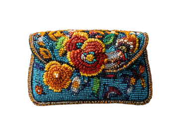 Elegant vibrant floral beaded clutch bag bohemian handmade evening purse on transparent background